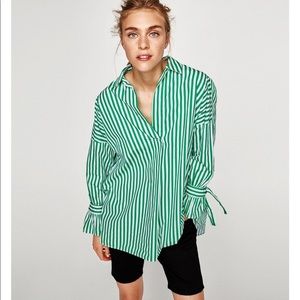ZARA Poplin Green Striped long sleeves Shirt